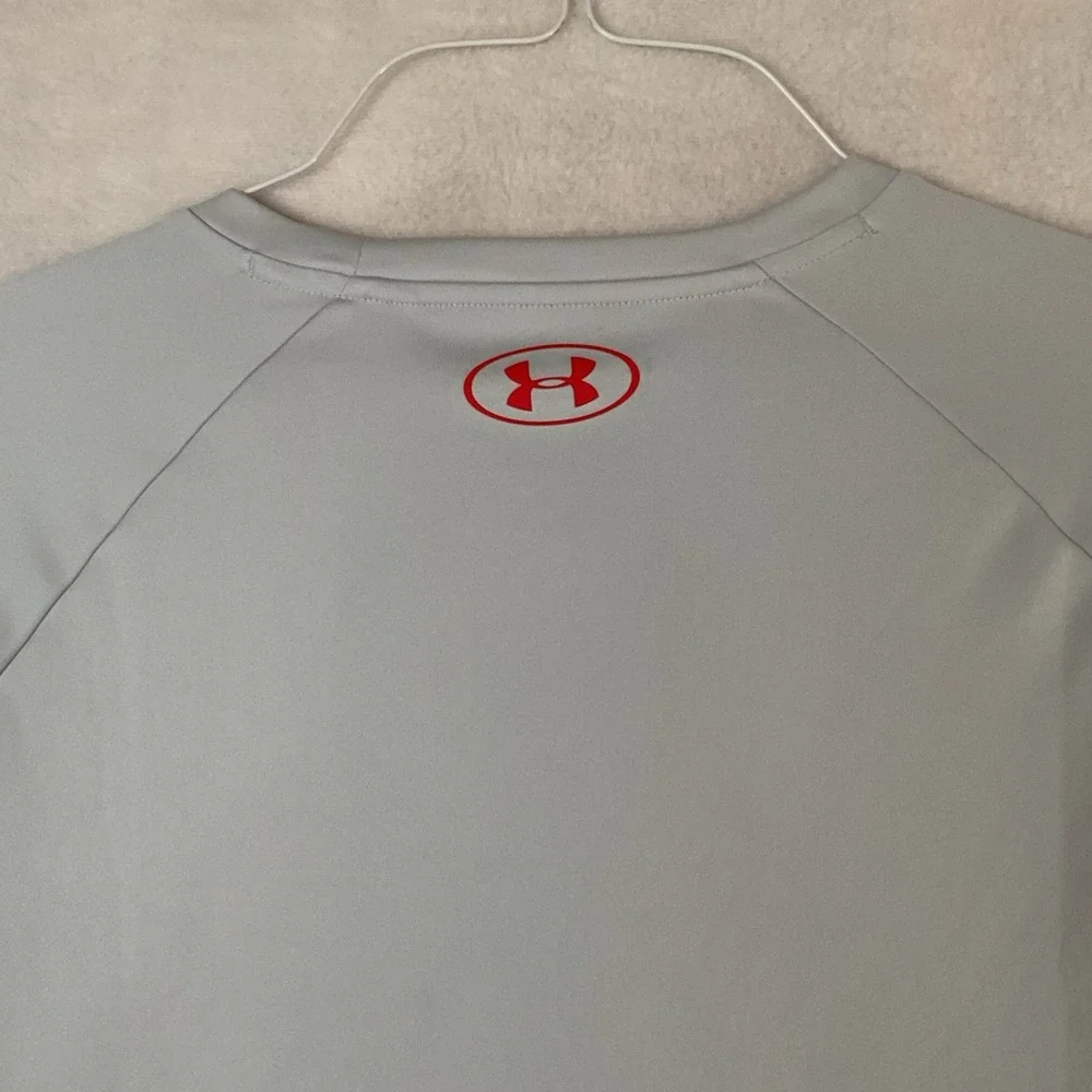 Under Armour Performance Shirt Mens XL Gray Red Logo Loose Fit Short Sleeve